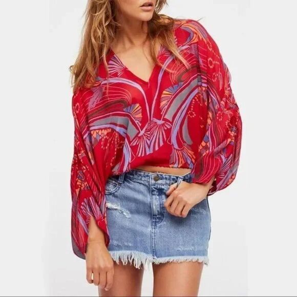 Free People Boho Red Kimono Sleeve Beneath The Sea Blouse Top S - Picture 2 of 5